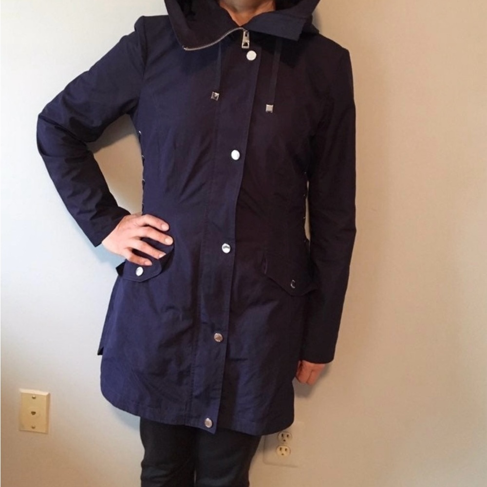Guess Blue Trench Coat with Hood and Full-Length Zipper - Picture 2 of 6